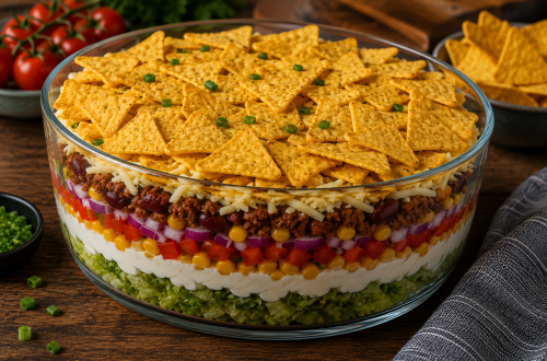 Schichtsalat Chili con Carne mit Hackfleisch, Kidneybohnen, Mais, Salsa, Eisbergsalat, Creme fraîche, geriebenem Gouda und Nachos in einer Glasschüssel auf rustikalem Holztisch