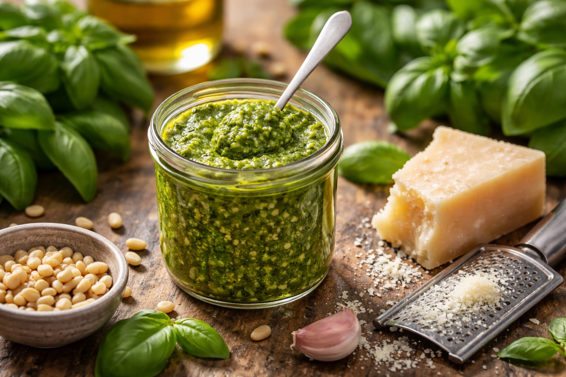 Frisches selbstgemachtes Basilikum-Pesto im Glas mit Löffel, umgeben von Basilikumblättern, Pinienkernen, Knoblauch und Parmesan auf rustikalem Holztisch.