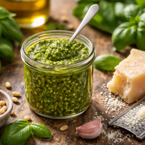 Frisches selbstgemachtes Basilikum-Pesto im Glas mit Löffel, umgeben von Basilikumblättern, Pinienkernen, Knoblauch und Parmesan auf rustikalem Holztisch.