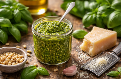 Frisches selbstgemachtes Basilikum-Pesto im Glas mit Löffel, umgeben von Basilikumblättern, Pinienkernen, Knoblauch und Parmesan auf rustikalem Holztisch.