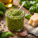 Frisches selbstgemachtes Basilikum-Pesto im Glas mit Löffel, umgeben von Basilikumblättern, Pinienkernen, Knoblauch und Parmesan auf rustikalem Holztisch.