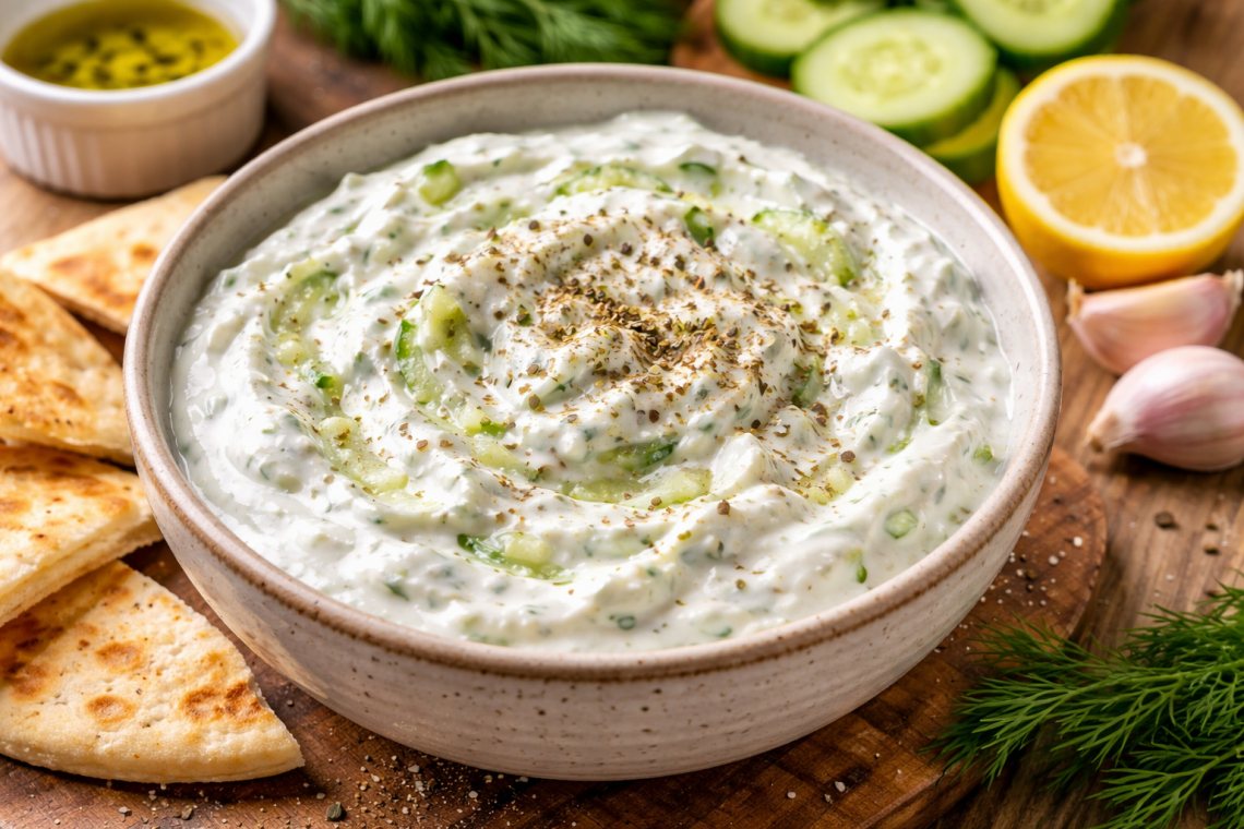 Cremiges selbstgemachtes Tzatziki mit griechischem Joghurt, fein geriebener Gurke, Knoblauch und Oregano in einer rustikalen Schale.