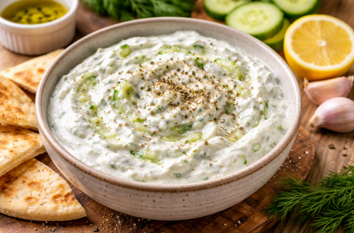 Cremiges selbstgemachtes Tzatziki mit griechischem Joghurt, fein geriebener Gurke, Knoblauch und Oregano in einer rustikalen Schale.