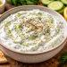 Cremiges selbstgemachtes Tzatziki mit griechischem Joghurt, fein geriebener Gurke, Knoblauch und Oregano in einer rustikalen Schale.