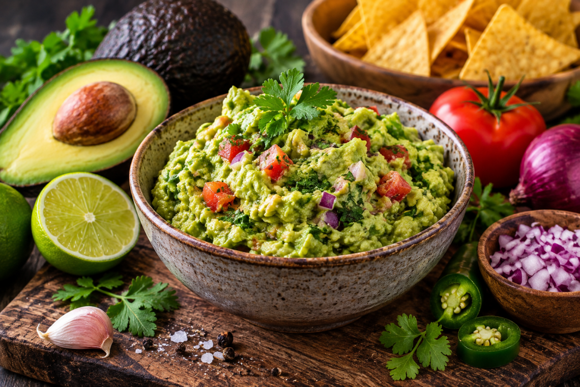 Frisch zubereitete Guacamole mit Avocado, Tomaten und roten Zwiebeln in einer rustikalen Schale, serviert mit Tortilla-Chips, Limette und Avocado.