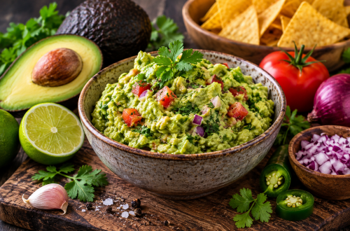 Frisch zubereitete Guacamole mit Avocado, Tomaten und roten Zwiebeln in einer rustikalen Schale, serviert mit Tortilla-Chips, Limette und Avocado.