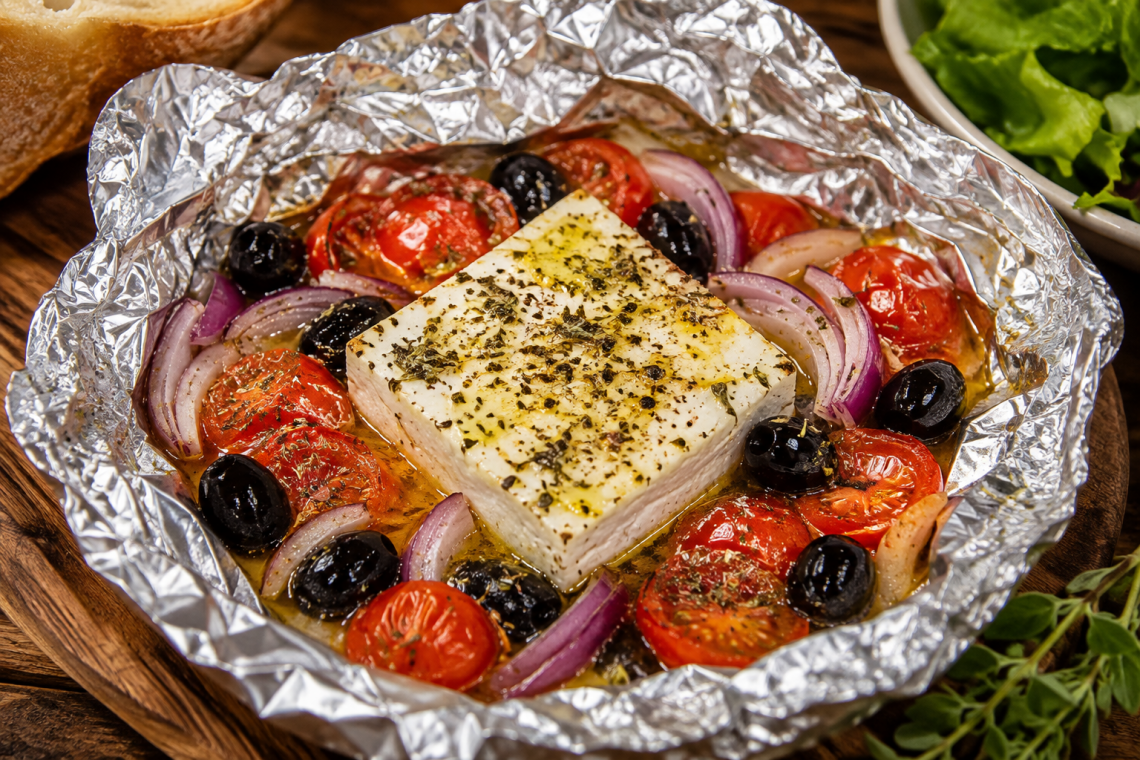 Grillfeta in Alufolie mit Tomaten, roten Zwiebeln, schwarzen Oliven, Olivenöl und Oregano, frisch vom Grill serviert.
