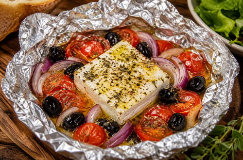 Grillfeta in Alufolie mit Tomaten, roten Zwiebeln, schwarzen Oliven, Olivenöl und Oregano, frisch vom Grill serviert.