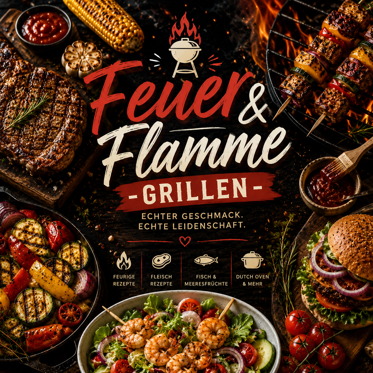 Themenwelt „Feuer & Flamme – Grillen“ mit gegrilltem Steak, Gemüsespießen, Mais, Burger, Grillgemüse und einer Salatschüssel mit Garnelenspießen. Das dunkle, rustikale Food-Design präsentiert Grillbeilagen sowie Rezepte mit Fleisch, Fisch und Meeresfrüchten und vermittelt sommerliche Grillatmosphäre.