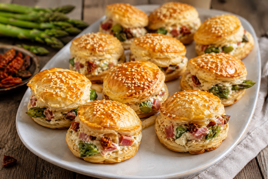 Goldbraun gebackene Blätterteig-Häppchen mit Sesam, gefüllt mit einer cremigen Mischung aus grünem Spargel, Schinkenwürfeln, getrockneten Tomaten und Frischkäse, angerichtet auf einer weißen Servierplatte.