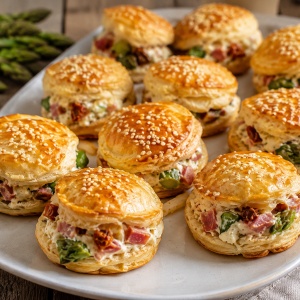 Goldbraun gebackene Blätterteig-Häppchen mit Sesam, gefüllt mit einer cremigen Mischung aus grünem Spargel, Schinkenwürfeln, getrockneten Tomaten und Frischkäse, angerichtet auf einer weißen Servierplatte.
