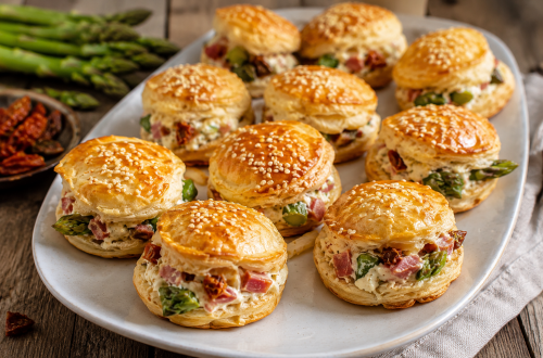 Goldbraun gebackene Blätterteig-Häppchen mit Sesam, gefüllt mit einer cremigen Mischung aus grünem Spargel, Schinkenwürfeln, getrockneten Tomaten und Frischkäse, angerichtet auf einer weißen Servierplatte.