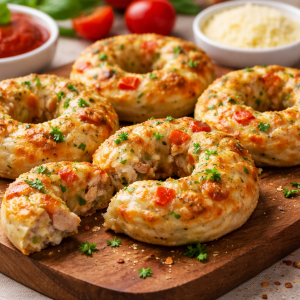 Goldbraun gebackene Pizza Donuts mit Käse, Hähnchen, Paprika und Frühlingszwiebeln auf einem Holzbrett, serviert mit Tomatensauce und frischen Zutaten im Hintergrund