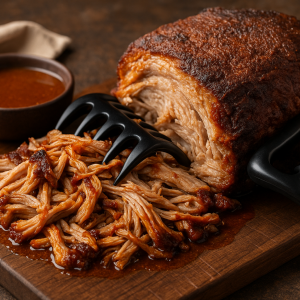 Saftiges Pulled Pork wird mit Meat Claws auseinandergezupft, knusprige Kruste und zartes Fleisch auf einem Holzbrett, daneben BBQ-Soße – Pulled Pork selber machen aus dem Ofen.